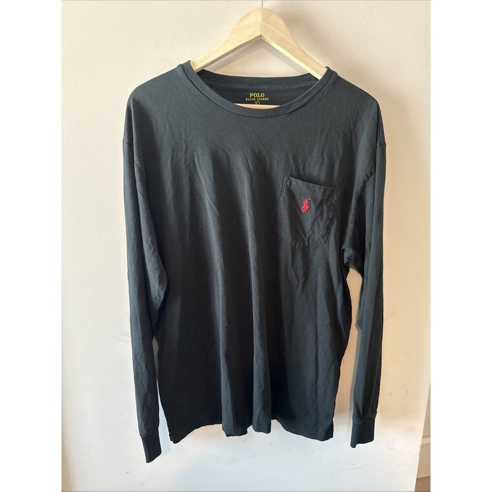 Polo Ralph Lauren T Shirt Mens Sz Large Black Crew Neck Long Sleeve Red Pony